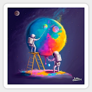 Cute Astronauts Painting The Moon Sticker